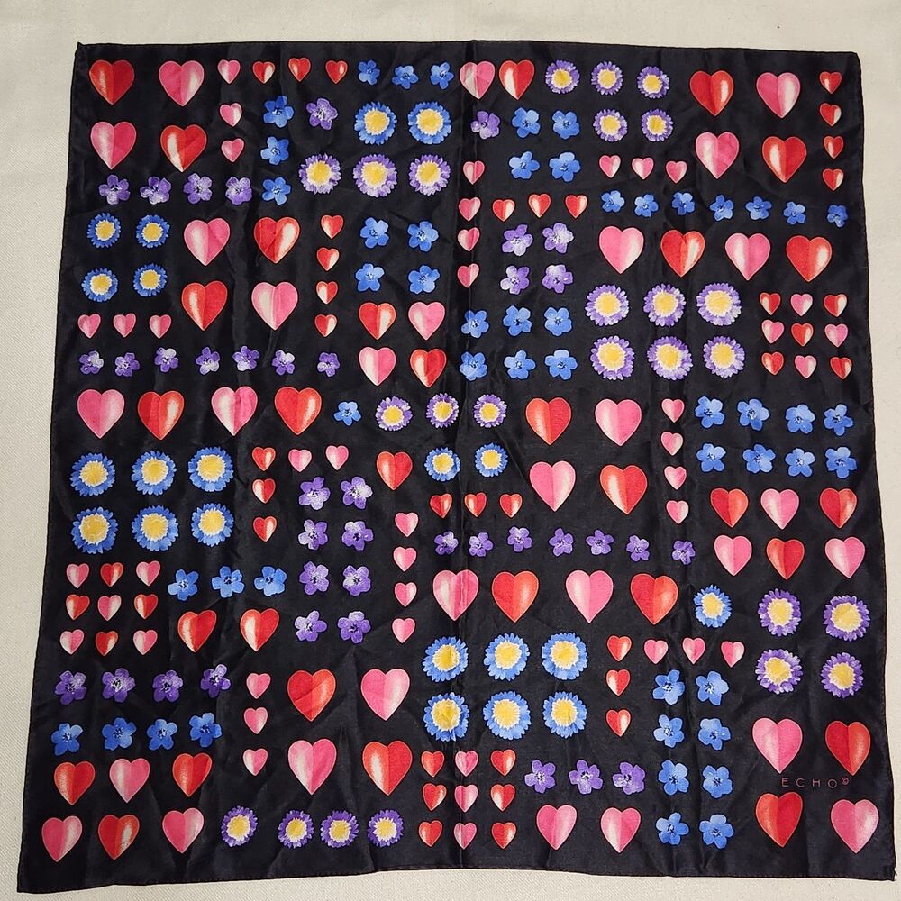 Vintage 80s 90s ECHO Silk Square Scarf Flower Power Pop Art Hearts And Daises